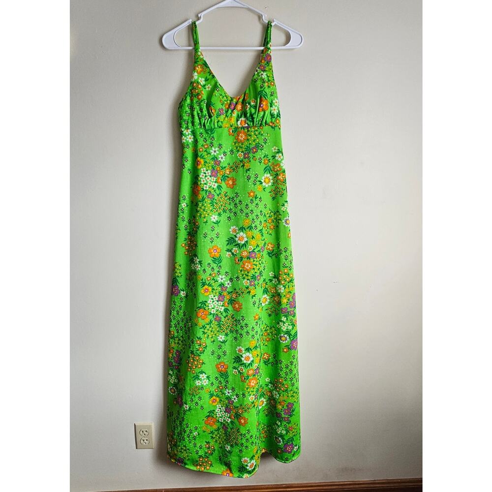 1970s Jack Hartley Lime Green Floral Maxi Dress